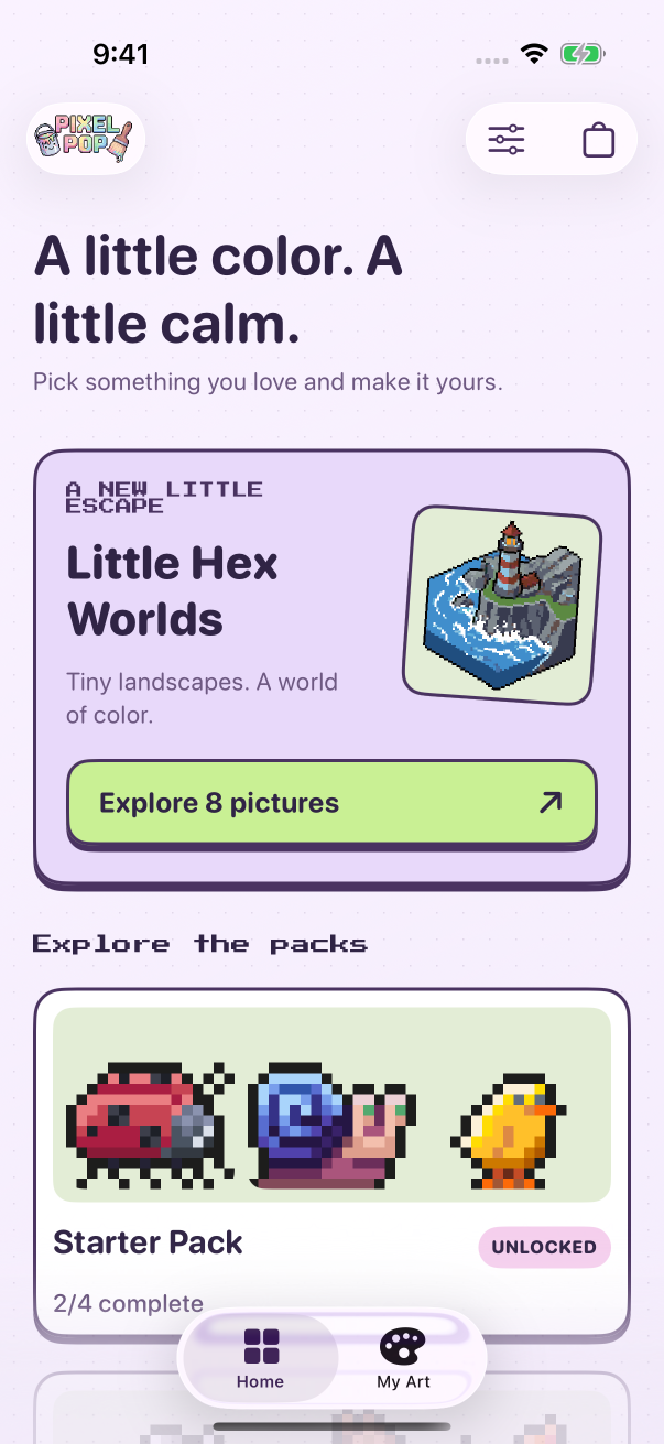 Upcoming Pixel Pop home screen featuring Little Hex Worlds and the free Starter Pack