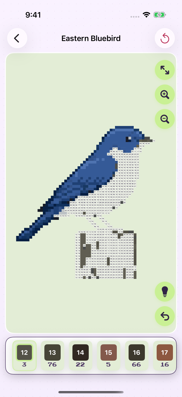 A partly colored Eastern Bluebird with numbered regions and the color palette