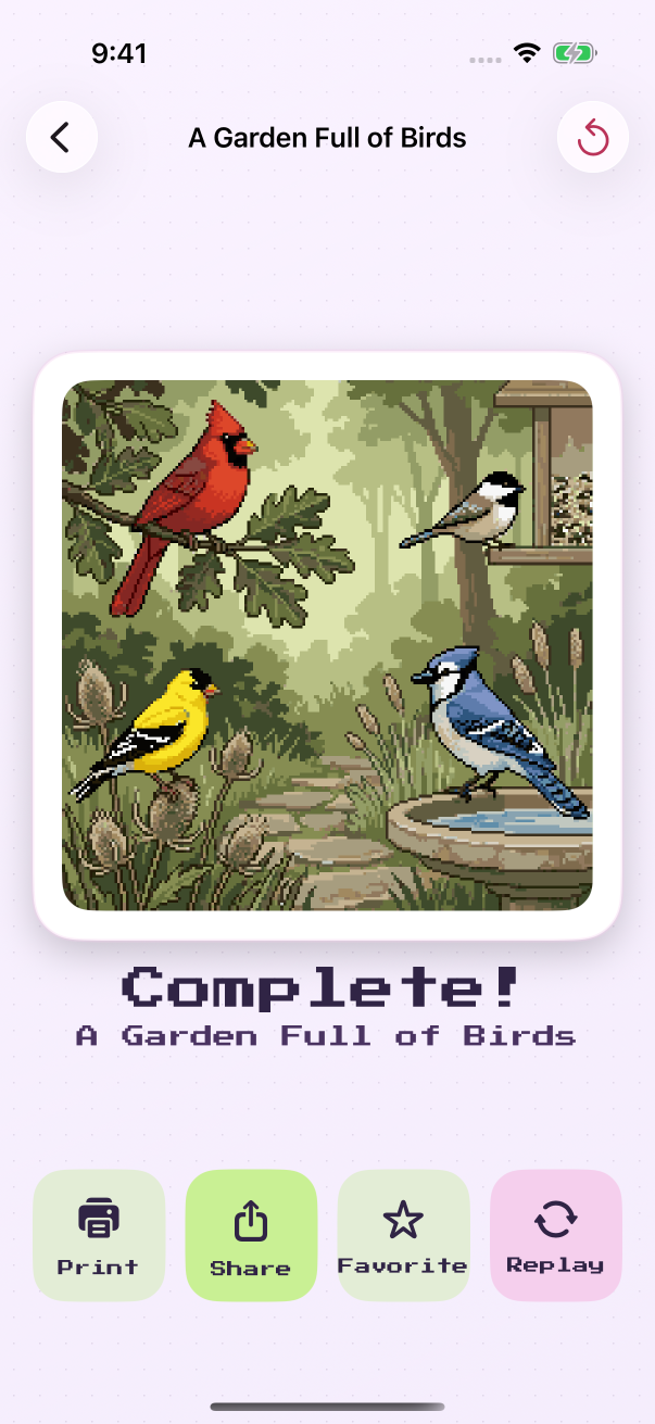 Completed A Garden Full of Birds scene with print, share, favorite, and replay actions